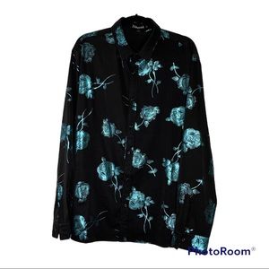 Blue metallic foil floral print black button up dress shirt mens